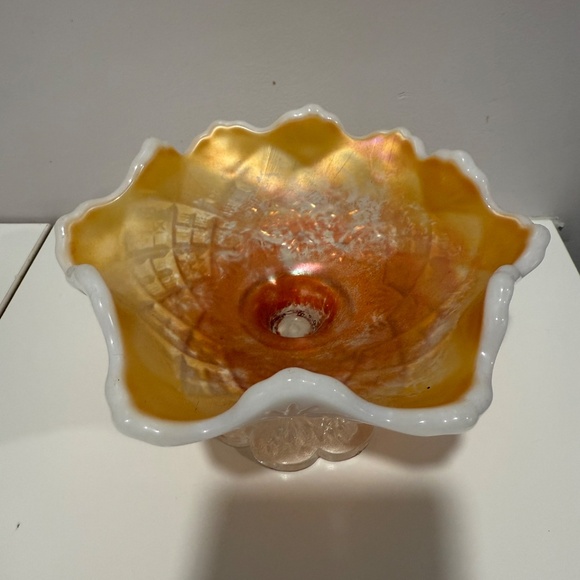 Westmoreland Glass File and Fan Peach Opalescent Pedestal Dish Carnival Glass - Picture 2 of 5